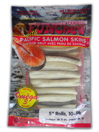 6 inch rawhide bones wrapped in salmon skins